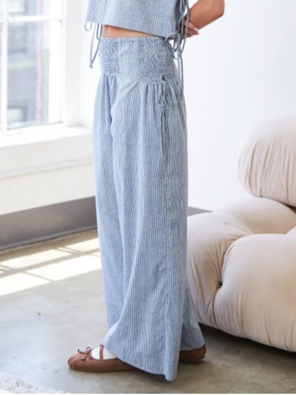 Smocked Wide-Leg Blend Pants - Light Blue Stripe